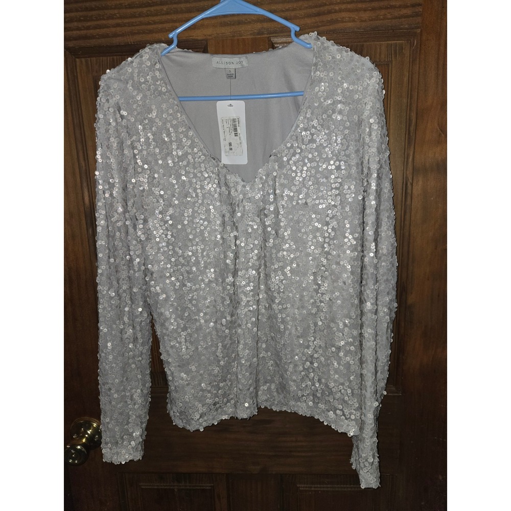 Allison Joy Nina Matte Sequin Top Off-White V-Neck Long Sleeve Small NWT Evereve